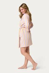 Pastel striped bathrobe with lila orange / gestreepte badjas korte ochtendjas
